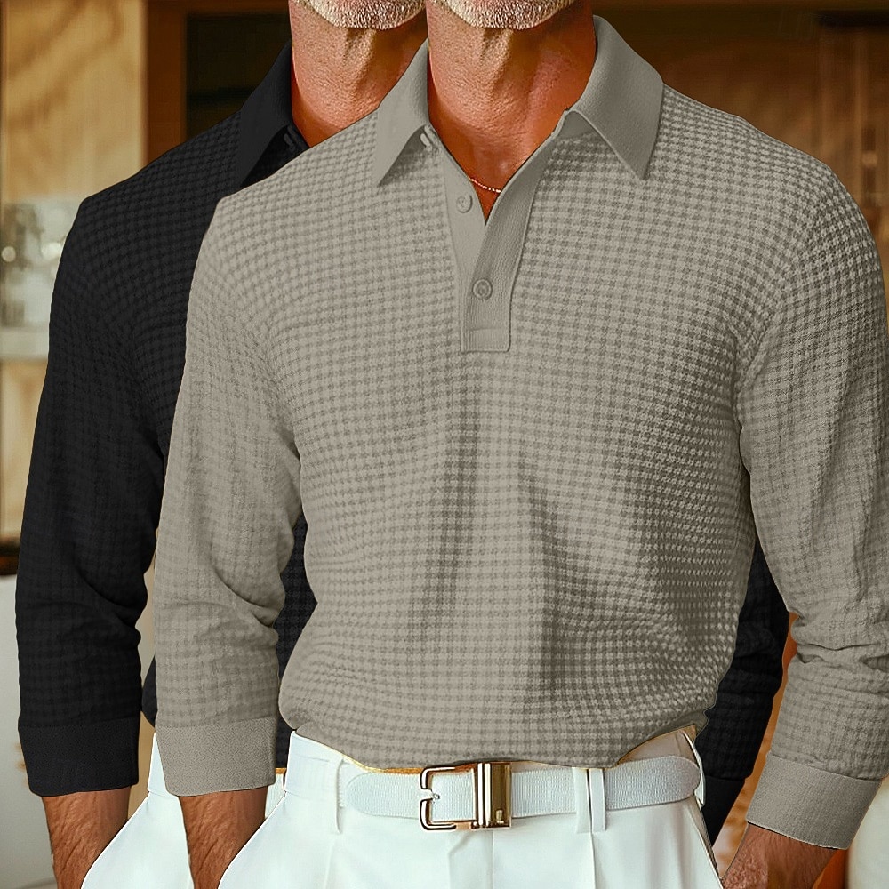 Herren Waffel-Poloshirts Golfshirt Langarm Kragen Revers Frühling Herbst Ganzjahres Einfach Texture Basic Modern Lässig 2 teilig Knöpfe Straße Lässig Sport A B C Top T-Shirt für Herren 2025 - $40.99 –P2