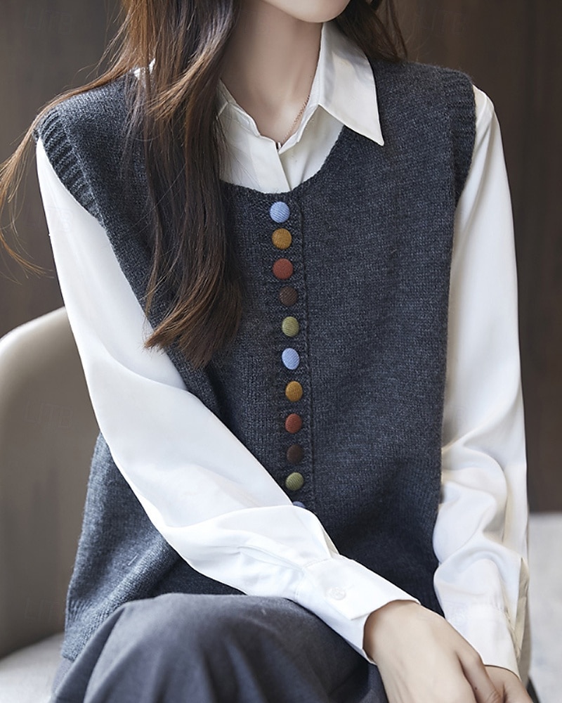 Women's Sweater Sweater Vest Streetwear Casual Solid Color Crew Neck Buttons Knitted Sleeveless Regular Tops Knit Daily Holiday Going out Black Red Fall Winter 2025 - $28.99 –P4