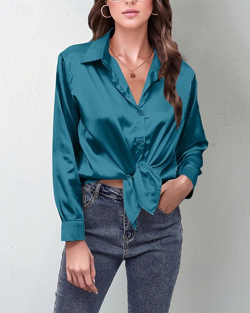 Damskie Koszula Elegancki Szykowny Top satynowy Guziki Jednokolorowe Elegancki Codzienny Długi rękaw Kołnierzyk koszuli Zwykłe topy Codzienny Wyjściowe Niebieski Jasnozielony Rumiany róż Żółtobrązowy 2026 - $27.99 –P5