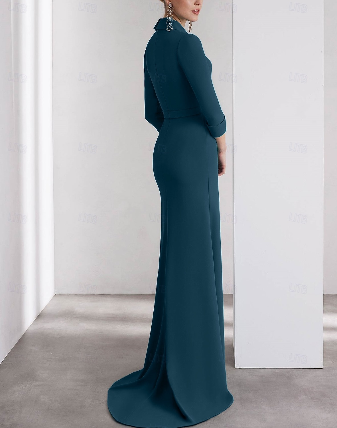 A-linjeformad aftonklänning Elegant klänning formell bröllop golvlängd lång ärm skjortkrage stretch crepe med slits axelblomma 2025 - $139.99 –P6