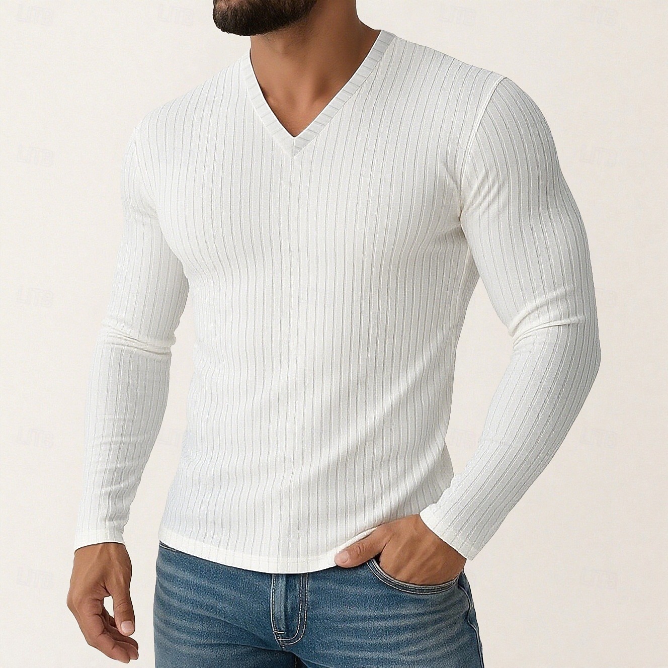 Herren T Shirt Geripptes Strick-T-Shirt T-Shirt Langarmshirt Langarm V Ausschnitt Frühling Herbst Winter Einfach Grubenstreifen Mode Designer Basic Stricken Urlaub Straße Lässig Schwarz Weiß Violett 2025 - $18.99 –P6