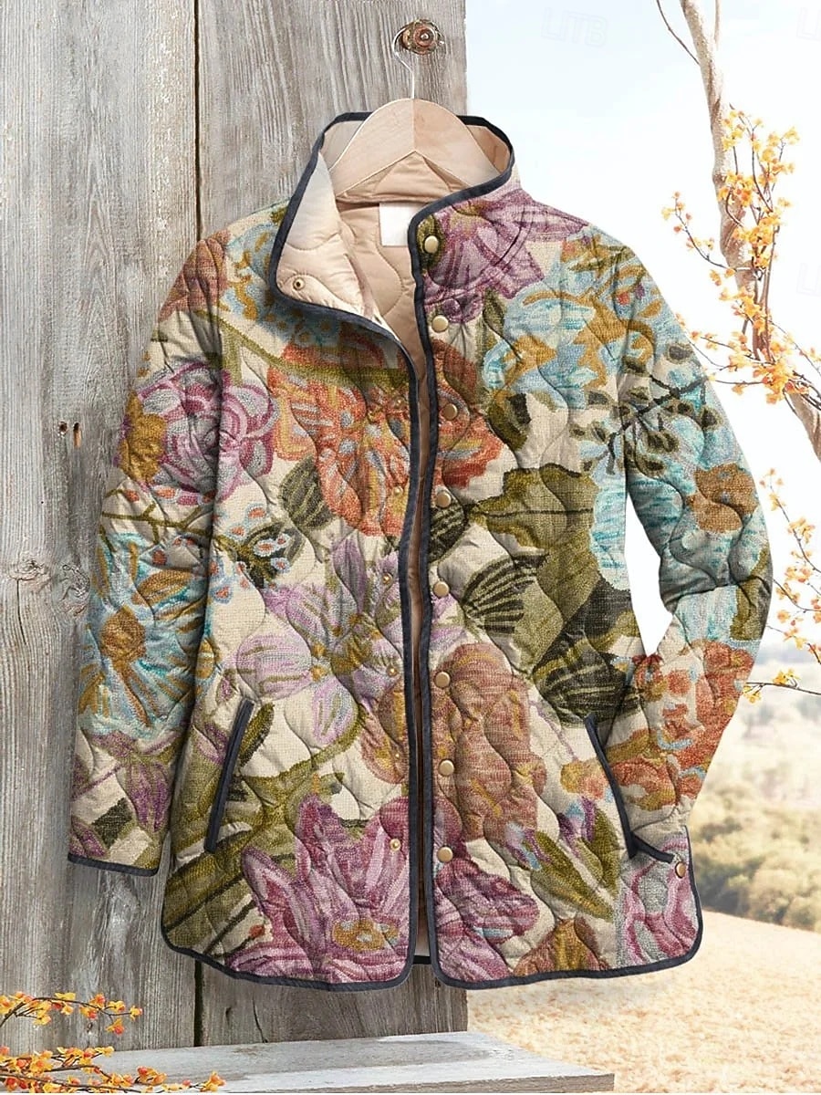 Жен. Зимняя куртка Пуховик Сохраняет тепло Удобный Карман Пуговицы С принтом Мода Повседневные На открытом воздухе Цветочный принт Отпуск Повседневные Однобортный крой Обычная Воротник-стойка 2025 - $45.99 –P1