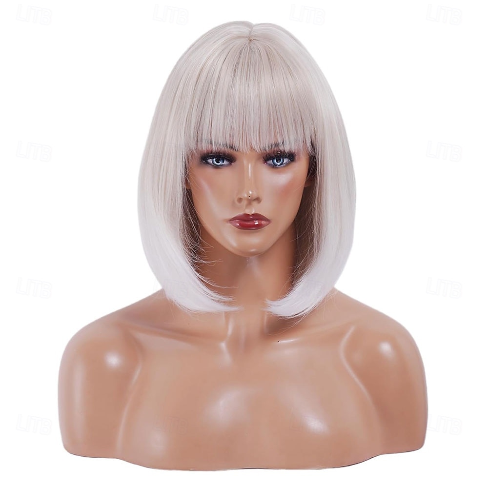 Perruque courte blanche platine avec frange, cheveux synthétiques ombrés à blonds, résistante à la chaleur, 12 pouces, pour femmes de 2025 ? $21.99 –P1