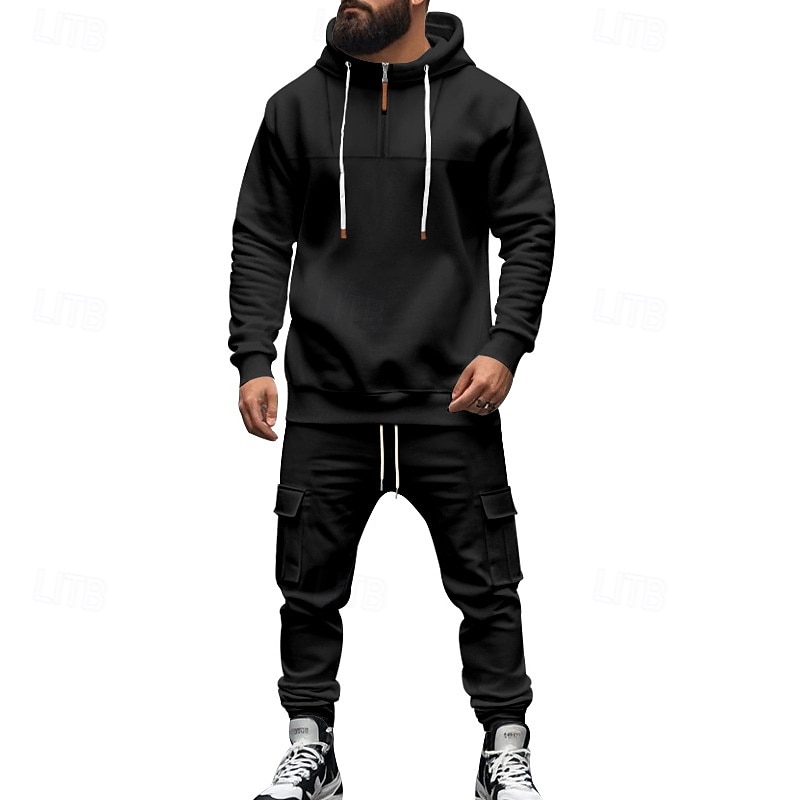 Homme Ensemble Survetement Ensemble de tenues Ensemble de sweats à capuche Sweat à Capuche Extérieur Quotidien Sports Cordon de serrage Avec Poches Uni Rouge vin Noir Blanche Polyester Tenues de Sport de 2026 ? $57.99 –P19