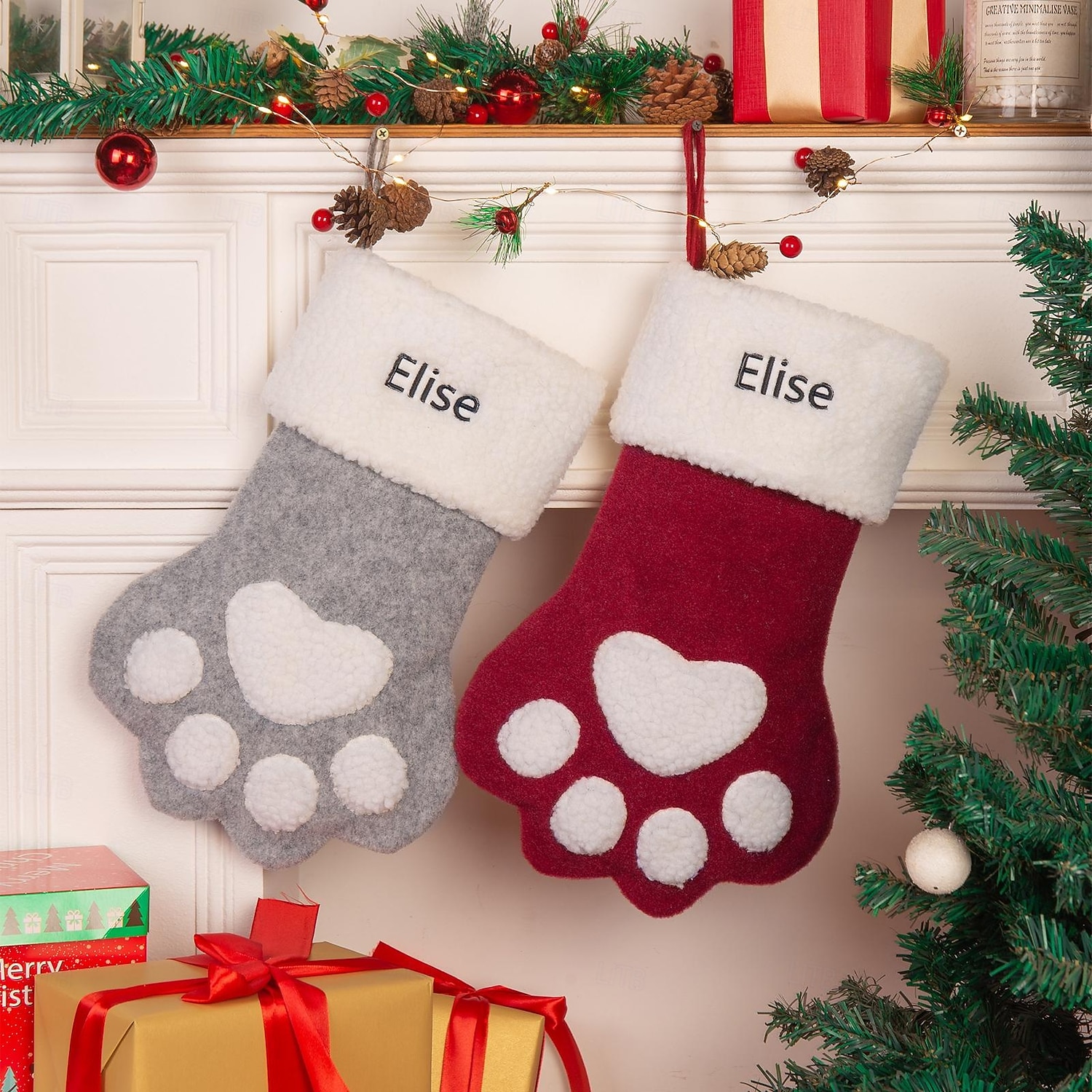 Meia de Natal personalizada com pata de gato, meia longa de Natal com nome personalizado, sacola de presente de grande capacidade para festa de Natal, presente perfeito para o Natal &celebrações de de 2025 por $17.99 –P7
