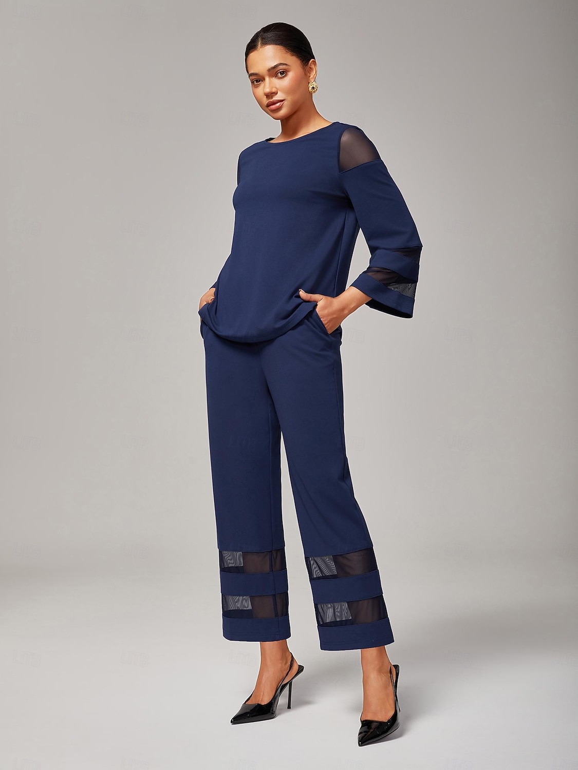dame marineblå modal chiffon matchende sett tettsittende bluse beskårne bukser elegant stilig komfortabel daglig arbeidskveldsklær høst 2025 - $114.99 –P4