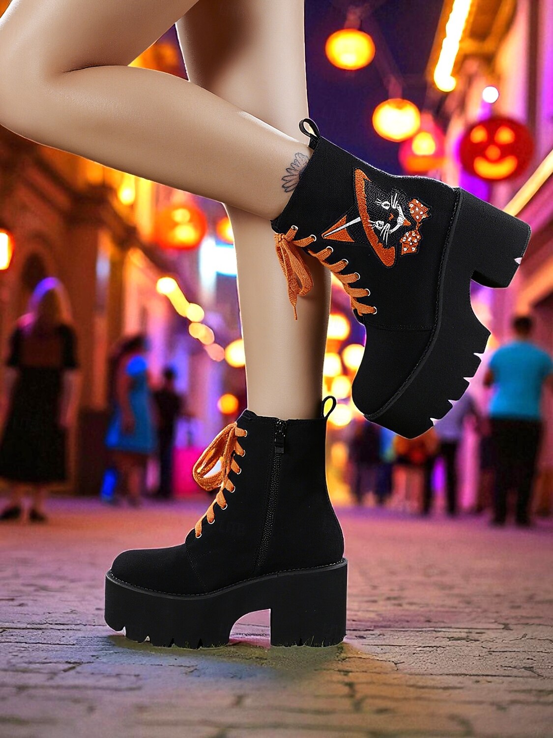női halloweeni platform fűzős csizma macskahímzéssel – vastag sarkú fekete velúr bokacsizma őszi fesztiválokra, utcai viseletre és jelmezbálokra 2025 - $69.99 –P4