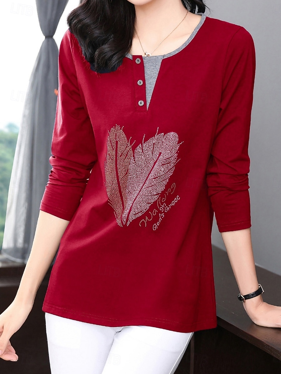 Damen Bluse Feder Stilvoll Lässig Langarm Rundhalsausschnitt Normale Oberteile Täglich Patchwork Salbeigrün Schwarz Rosa Rote Königsblau Frühling Herbst 2025 - $12.99 –P15