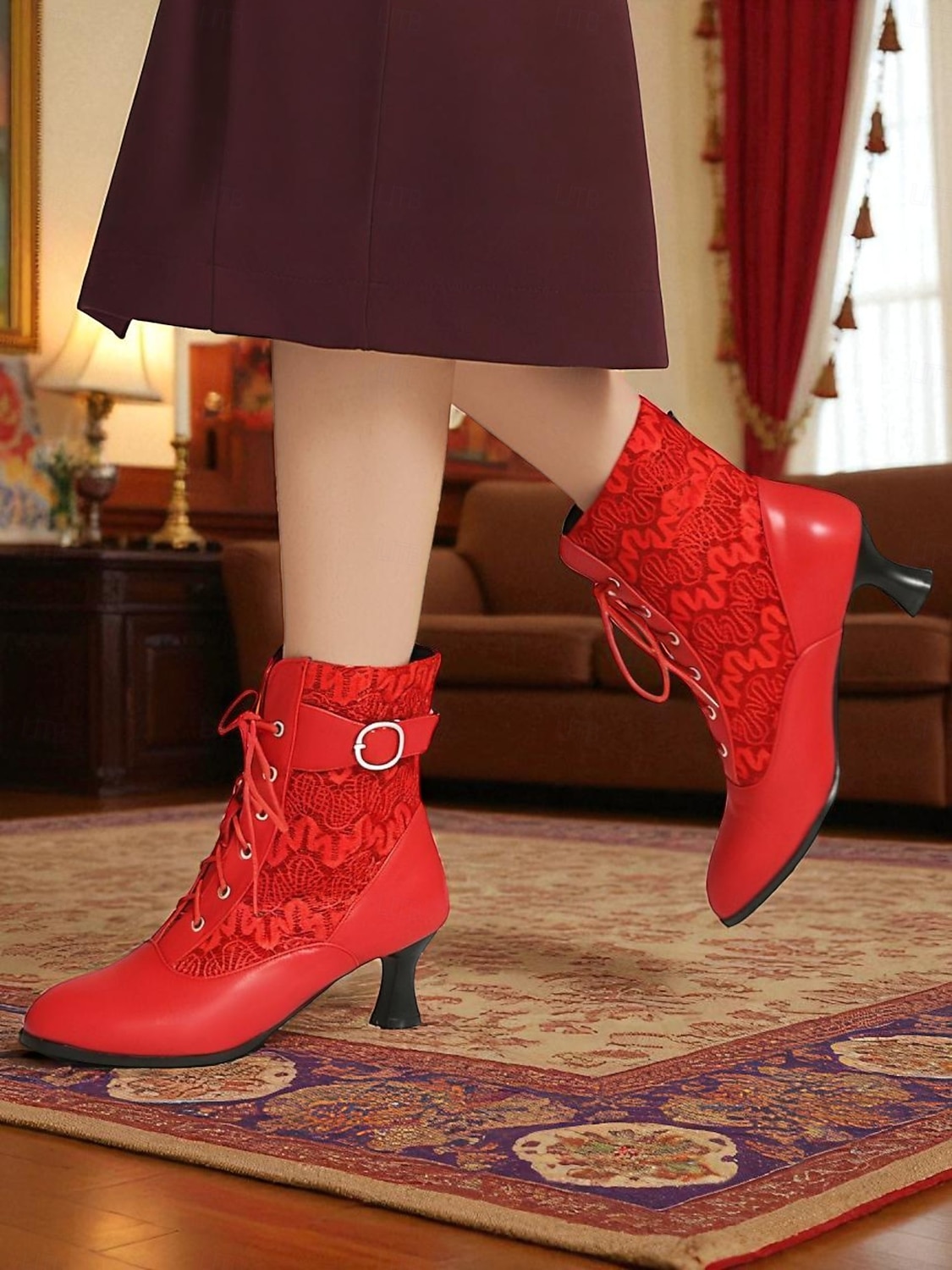 Dámské viktoriánské krajkové kotníkové boty – černé síťované kotníkové boty na podpatku z roku 1900 s přezkou na gotické kostýmy a vintage cosplay 2025 - $54.99 –P2