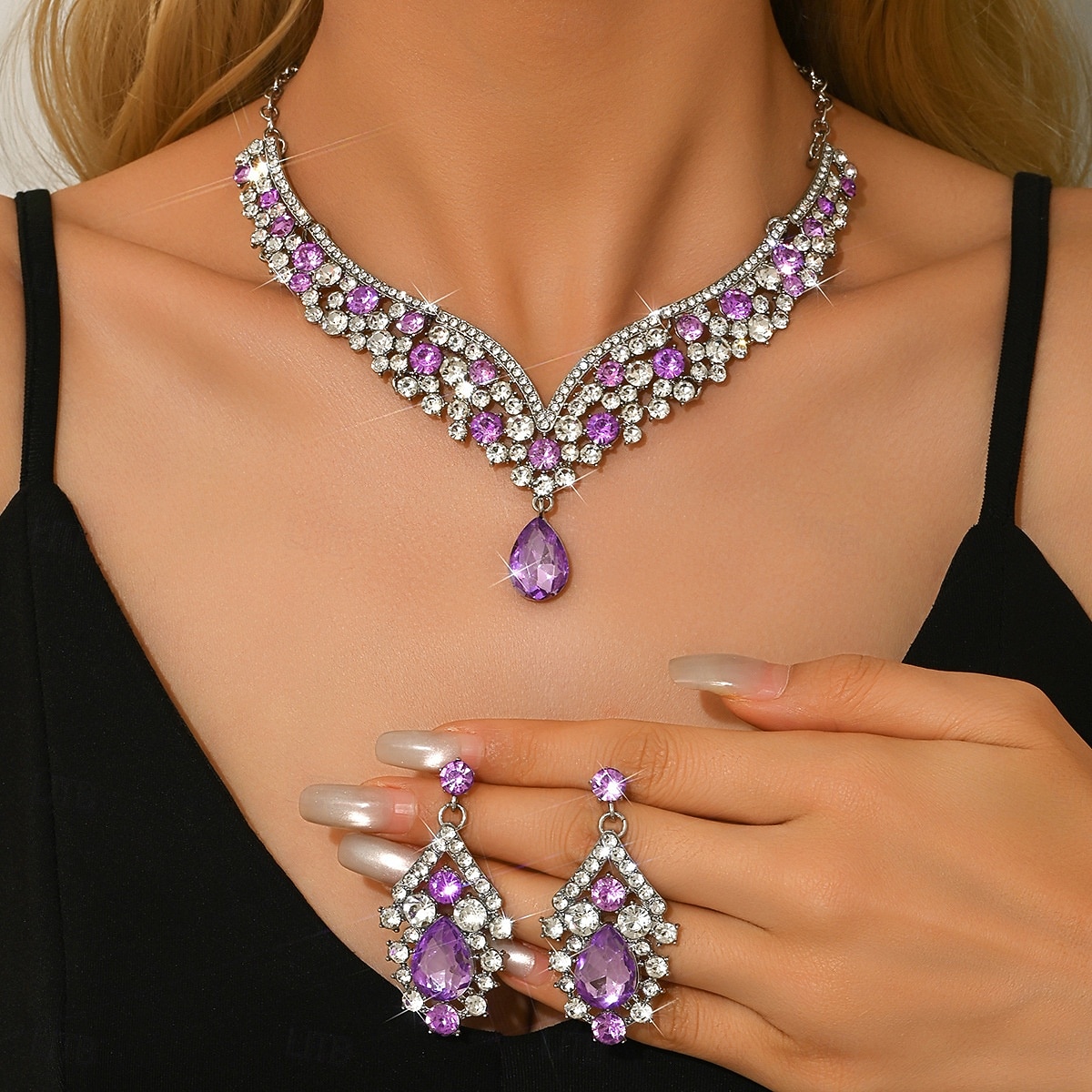 Женский комплект из фиолетового ожерелья и серег со стразами — блестящие винтажные украшения для вечеринок в стиле Гэтсби, бальных танцев и официальных вечеров 2026 - $11.99 –P8