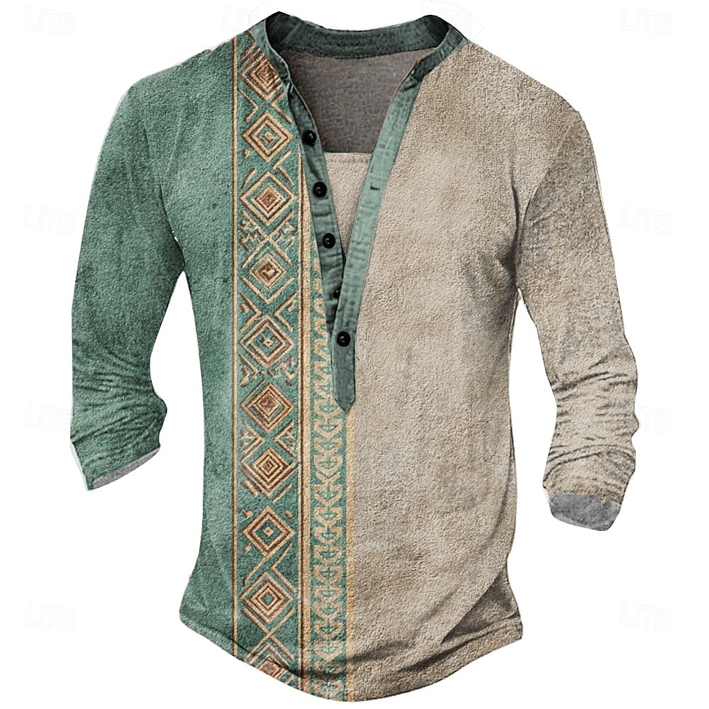 Pánské Geometrický Geleneksel Tričko Tričko Henley Dlouhý rukáv Designové Retro Geleneksel ulice Ležérní Denní Léto Jaro Podzim Zelená Fialová Vodní modrá Khaki Henley Tričko Henley 2025 - $21.99 –P1