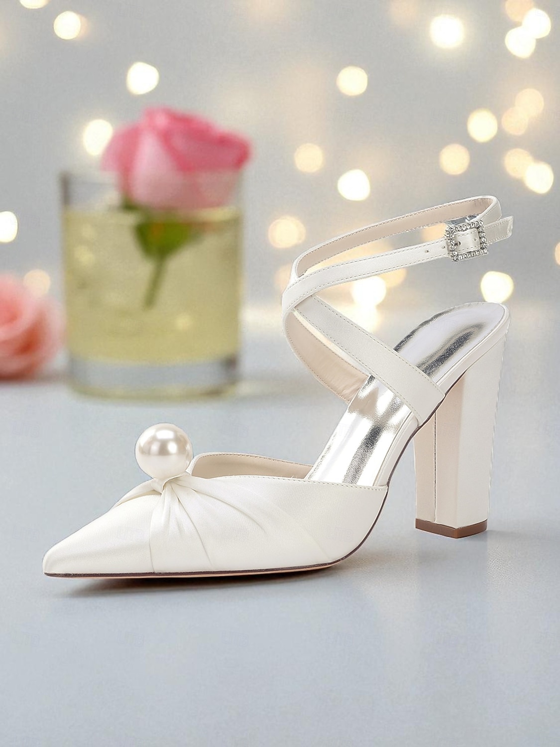 Women's Blue Satin Block Heel Pumps with Pearl Detail and Ankle Strap - Elegant Pointed Toe Shoes for Formal Occasions and Cocktail Parties 2025 - $59.99 –P3