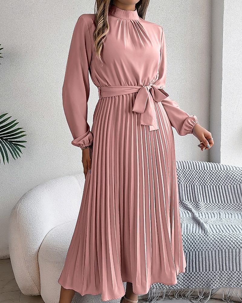 Mulheres Vestido midi vestido de cetim Vestido de festa Vestido Coquetel Vestido franzido Elegante Moderno Festa de Noite Festa Encontro Normal Tecido Manga Longa Colarinho Chinês Preto Rosa Vinho de 2026 por $31.99 –P2