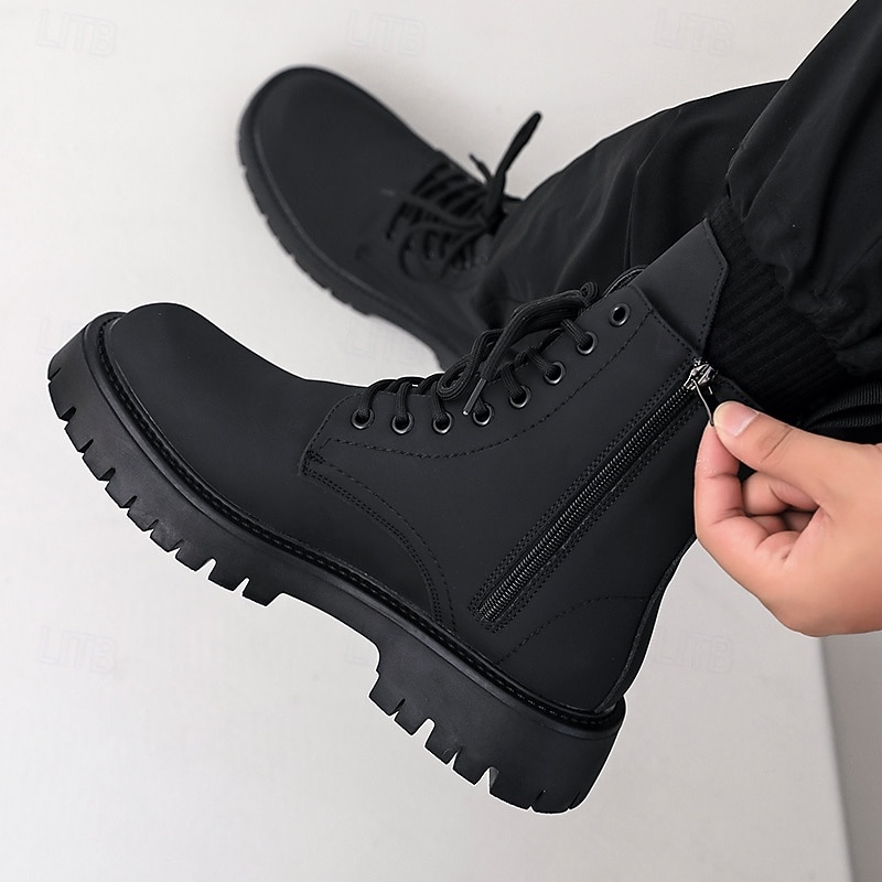 Svarte herrestøvler med snøring og glidelås på siden til kamp, slitesterkt kunstskinn, militærinspirert stil for utendørs-, arbeids- og streetwear-mote 2025 - $59.99 –P10