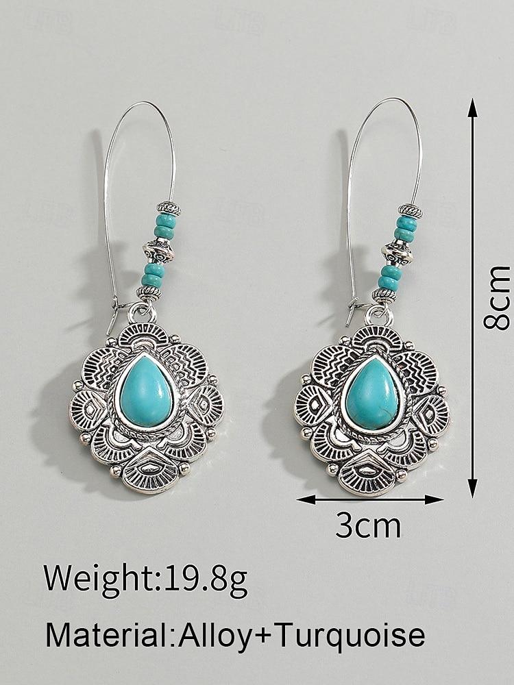 Boheemse oorbellen met bloemen en turquoise steen voor dames, vintage oorbellen van legering voor casual gebruik, op het strand en op feestjes 2026 - $7.99 –P8