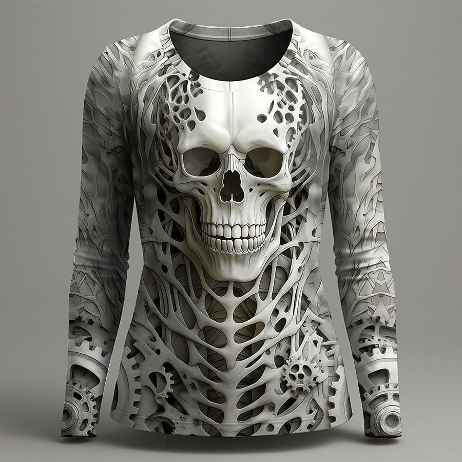 Halloween Women's T Shirt Graphic Skull Skeleton Vintage Fashion Stylish Long Sleeve Crew Neck Round Neck Regular Tops Daily Weekend Print Red Purple Green Gray Summer Spring Fall 2025 - $22.99 –P1