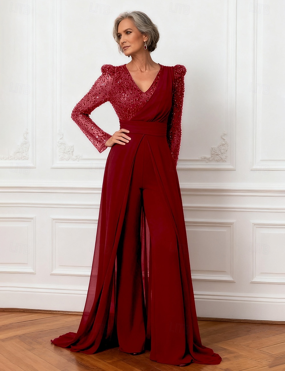 Combinaisons Robe de Mère de Mariée  Élégant Éclat & Brillance Col en V Longueur au sol Chiffon manche longue avec Ceinture / Ruban Paillettes de 2025 ? $169.99 –P1