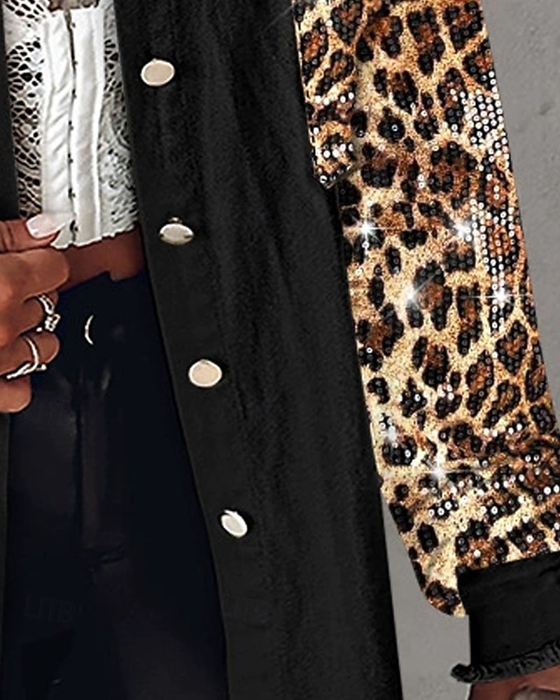 Dam Vardaglig jacka Bekväm Andningsfunktion Ficka Färgblock Knappar Ledigt Leopard Semester Gata Ledigt Dagliga kläder Enkelknäppt Normal Nedvikt Lös passning Långärmad Ytterkläder Svart Vår Höst 2025 - $51.99 –P3