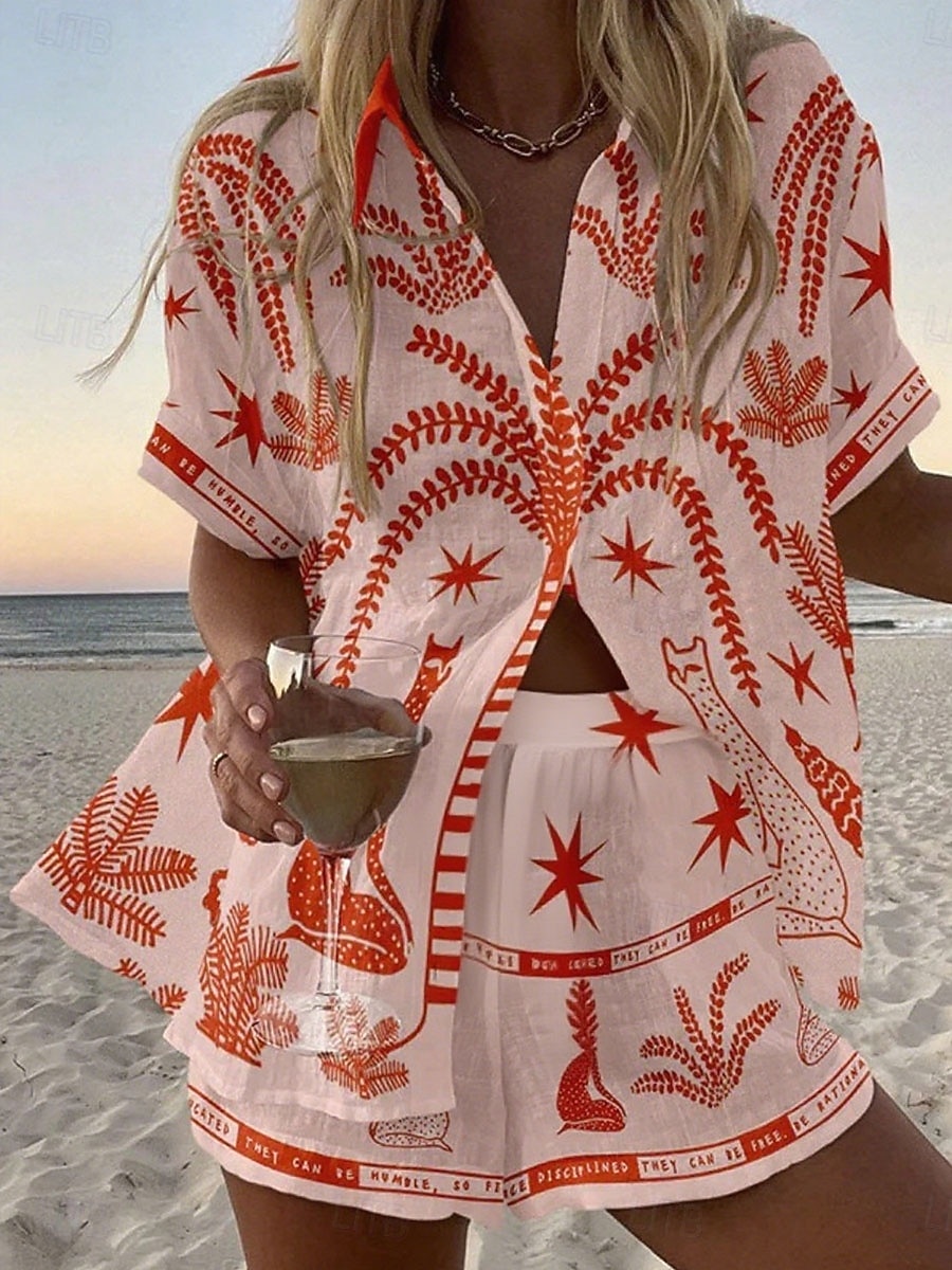Women's 2 Pieces Fashion Streetwear Daily Shorts Sets Short Sleeve Shirt Collar Floral Graphic Print Vacation Casual Daily Yellow Pink Red Summer Regular Fit 2026 - $44.99 –P4
