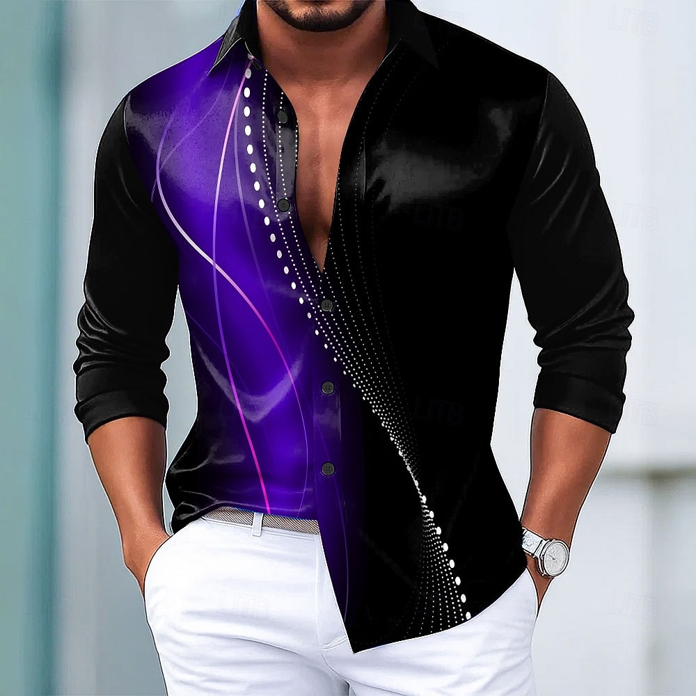 Herre Geometrisk Gradientfarge Linje Skjorte Sateng skjorte Dresskjorter Langermet Fashion Casual Feriereise Hverdag Sommer Vår Høst Aftæpning 3D-utskrift Skjorter med knapper Svart / Grønn Svart 2026 - $29.99 –P4