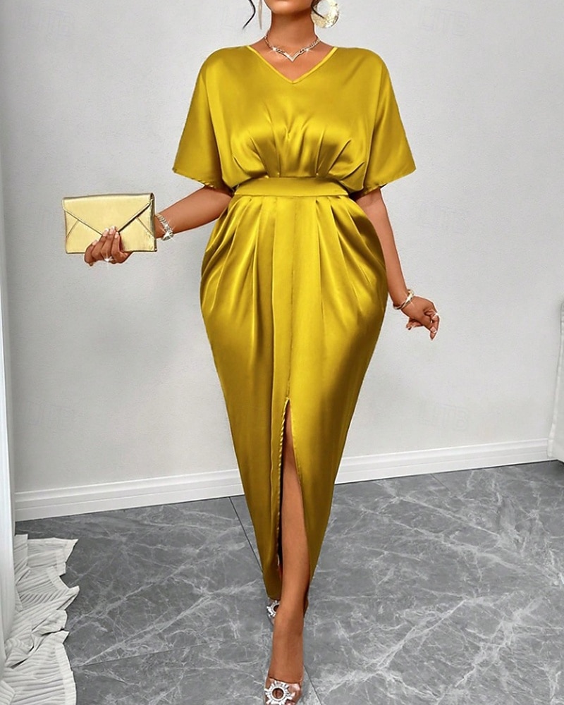 Femmes Robe Longue Maxi Robe Robe de Soirée Robe de Cocktail Robe en Satin Élégant Moderne Soirée Coupe régulière Uni Manche Courte Col en V Noir Jaune Bleu Roi Vert foncé Automne Hiver de 2025 ? $34.99 –P8