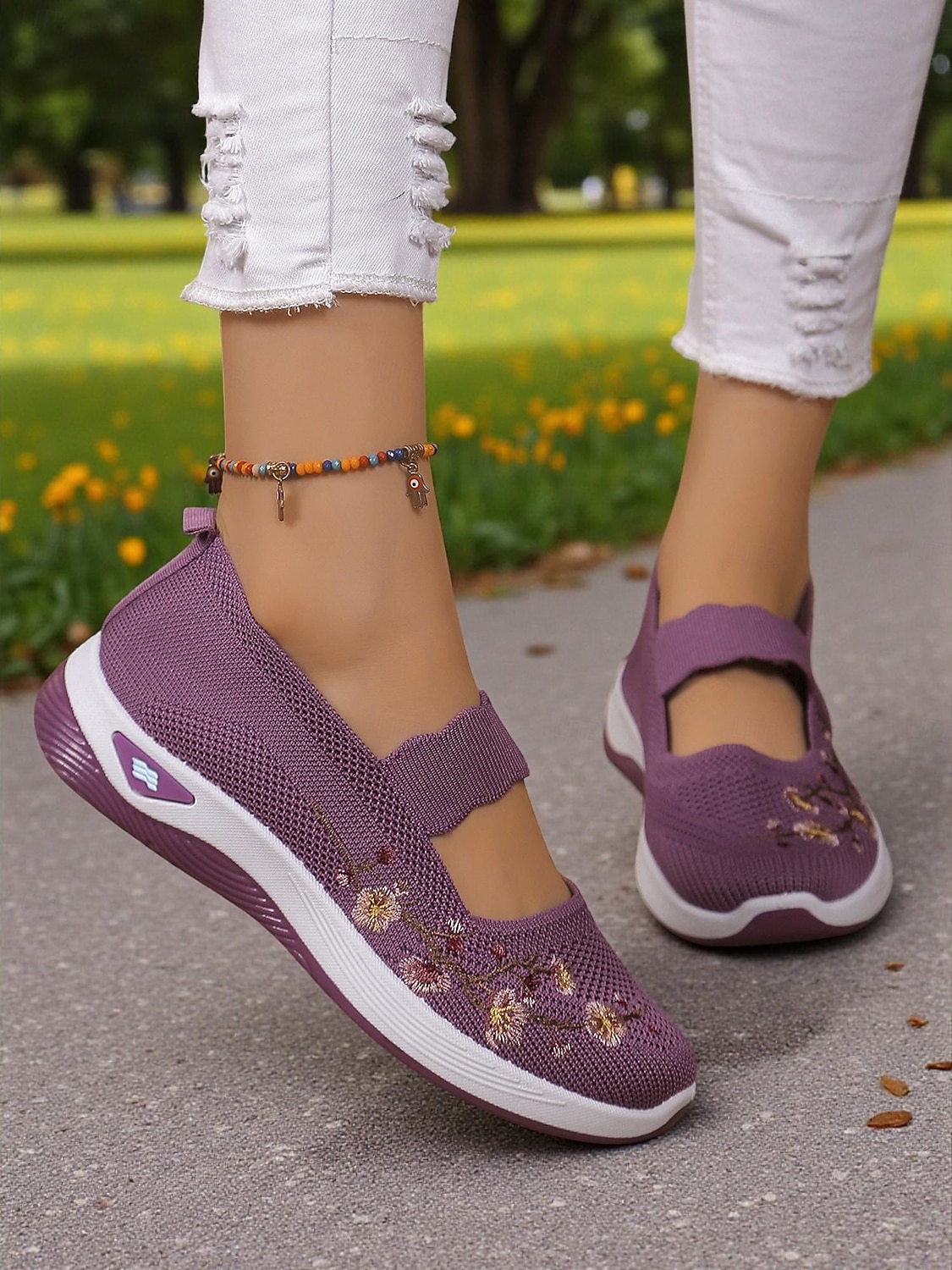 sneakers da donna modello Mary Jane in Flyknit viola con ricami floreali, scarpe leggere e traspiranti per camminare e per outfit casual del 2026 a $18.99 –P1