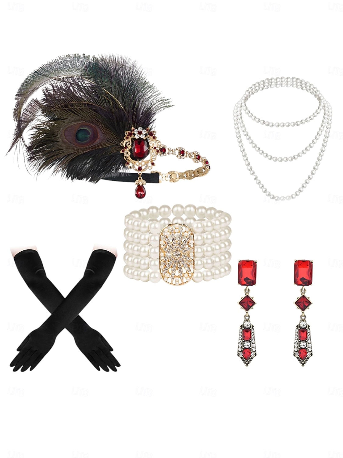 مجموعة مجوهرات نسائية من طراز جاتسبي فلابر من عشرينيات القرن العشرين - عصابة رأس من ريش الطاووس، سوار من اللؤلؤ، أقراط، قلادة، وقفازات للحفلات الكلاسيكية والملابس المسائية 2026 - $26.99 –P10