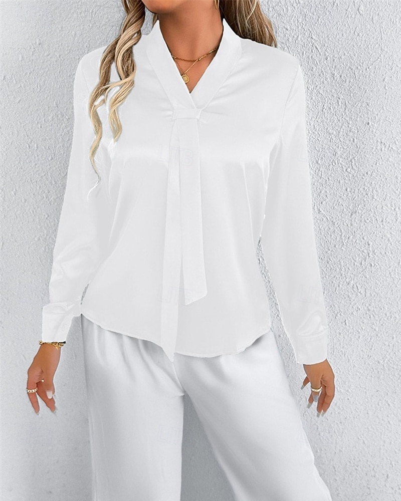 Per donna Camicia Camicia in raso Tinta unica Elegante Casual Manica Lunga Scollo a V Top Regolari Quotidiano Uscire Nodo frontale Nero Bianco Primavera Autunno del 2025 a $18.99 –P3
