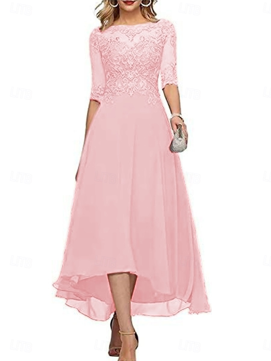 Robe A-Line mère de la mariée invitée de mariage formelle élégante col rond longueur de sol en chiffon à demi-manches avec couleur unie de 2025 ? $139.99 –P19