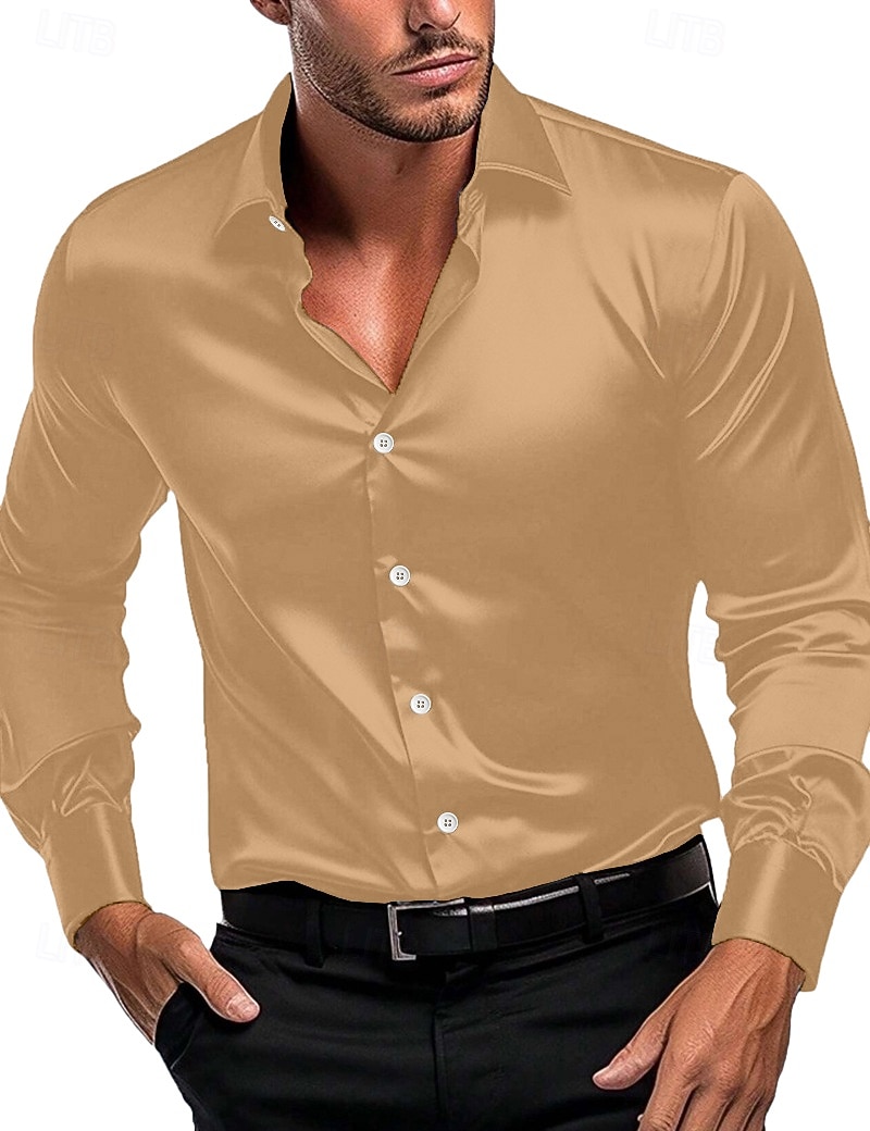 Herren Hemd Satinhemd Freizeithemd Knopfhemd Einfach Hochzeit Urlaub Schwarz Weiß Wein Marineblau Langarm Revers Frühling & Herbst Bekleidung 2025 - $12.49 –P18