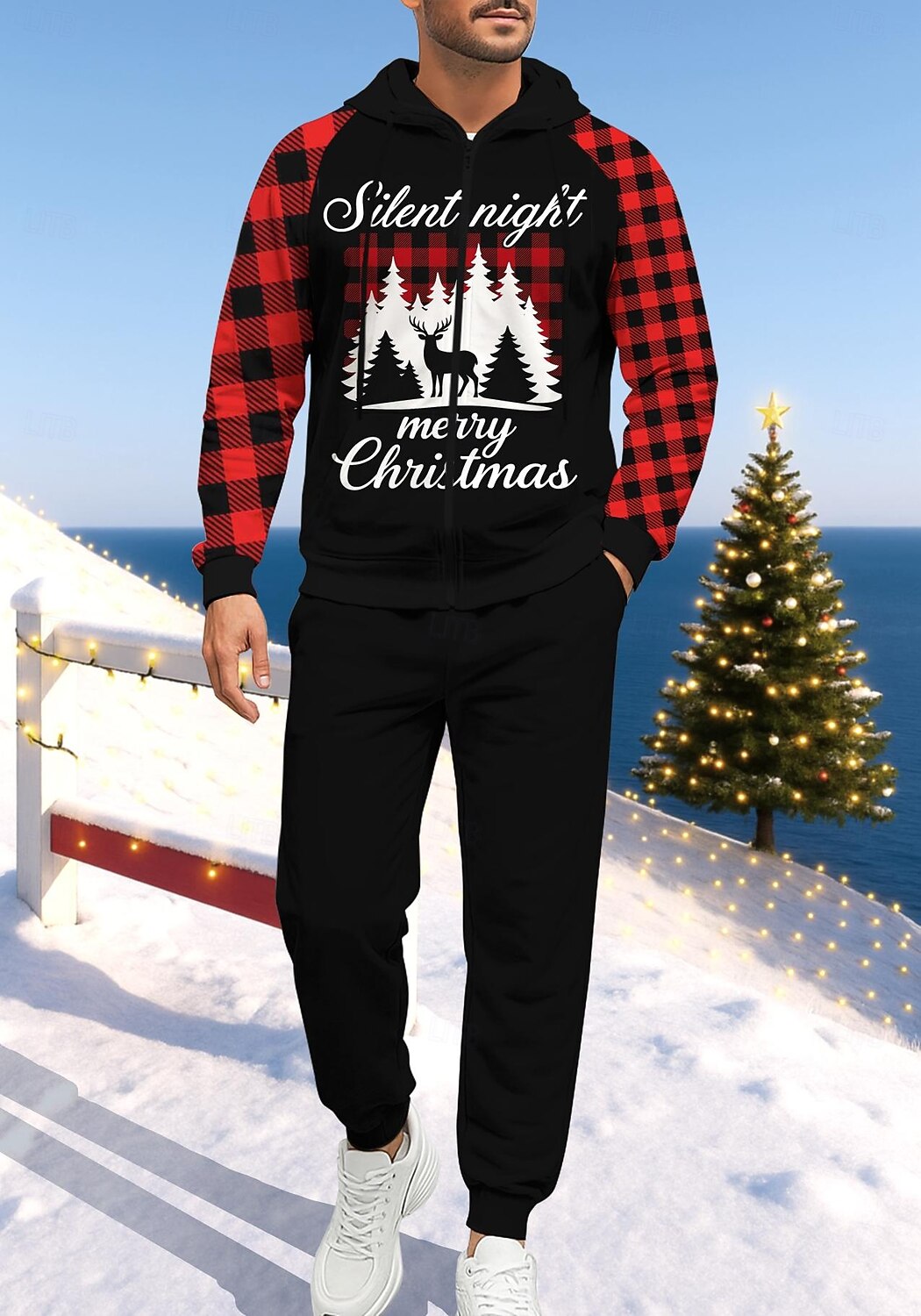 Natale Per uomo Felpa con cappuccio Tuta da Ginnastica Felpa con cappuccio con zip Coulisse Tasche Pantaloni Felpa con Cappuccio Felpa Autunno Rosso / nero Allenamento in Palestra Casuale del 2025 a $41.99 –P1