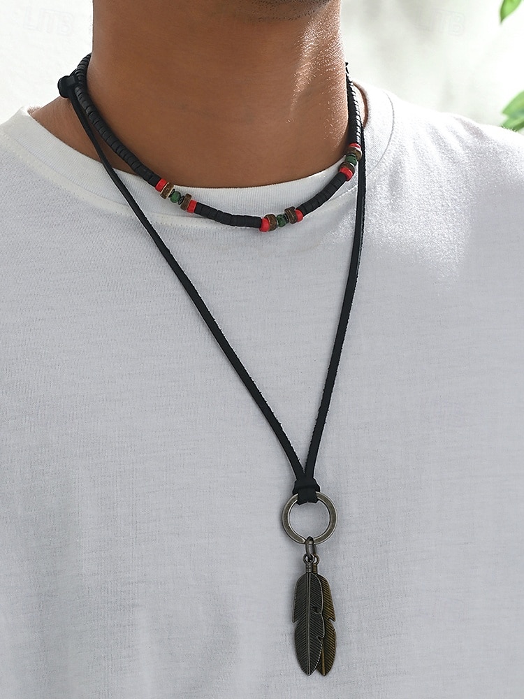 Herren-Halskette mit mehrlagigem Federanhänger, verstellbarer Tribal-Boho-Choker-Schmuck aus Legierung für Partys, Festivals und Freizeitkleidung 2025 - $9.99 –P2