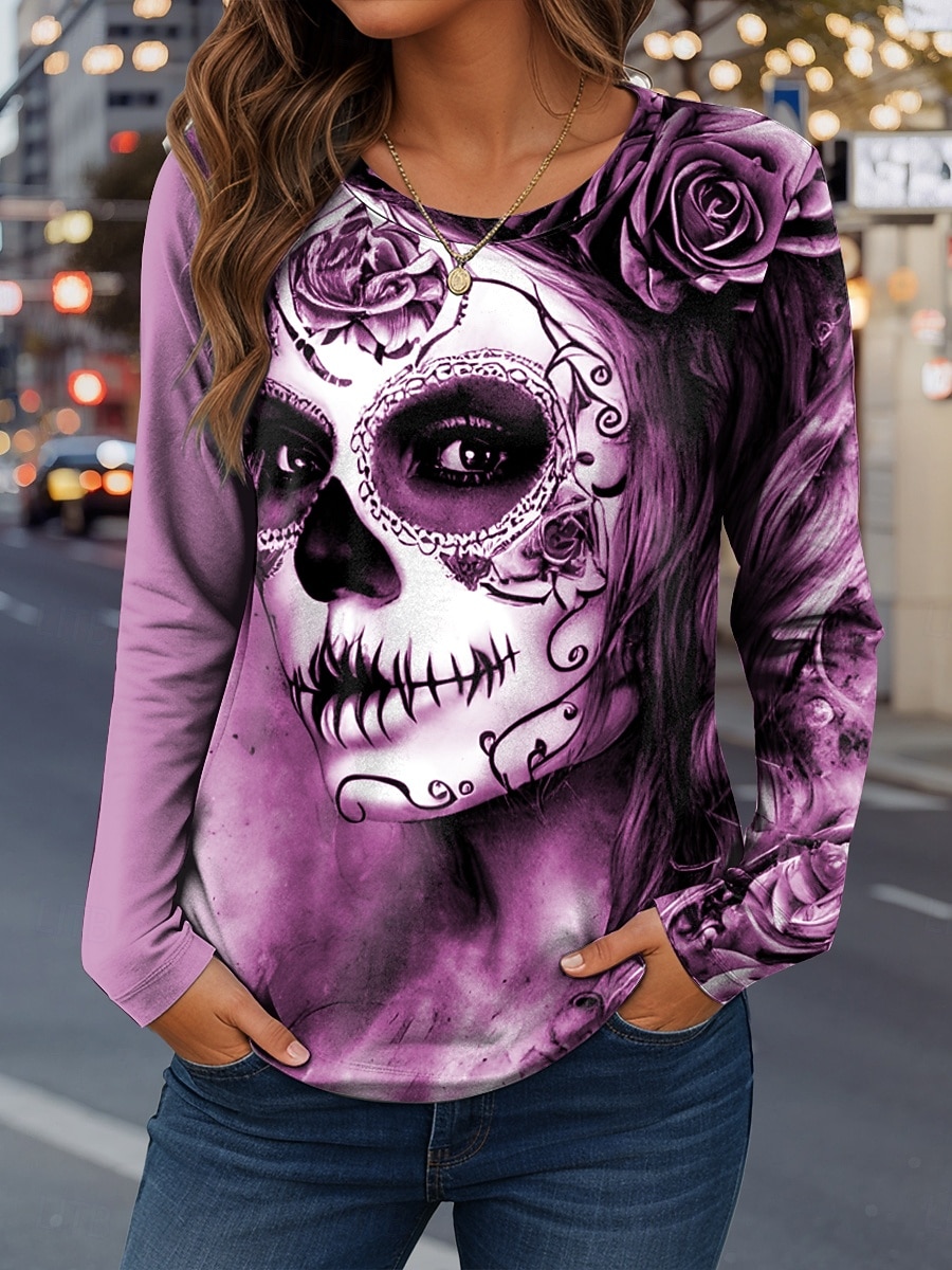 Camiseta Feminina de Halloween Gráfica de Caveiras Moda Casual Manga Longa Gola Redonda Tops Regulares Diário Fim de Semana Impressão Vermelho Azul Roxo Verde Caqui Primavera Outono Inverno de 2026 por $24.99 –P2