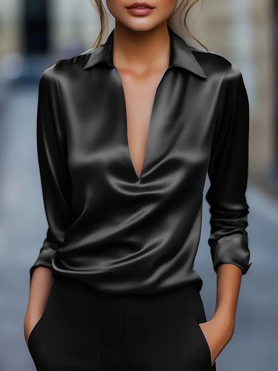 Women's Satin Shirt Dress Shirt Blouse Solid Color Elegant Stylish Basic Long Sleeve Turndown V Neck Regular Tops Daily Work Party Blue Black White Wine Green Summer Spring Fall 2026 - $25.99 –P4