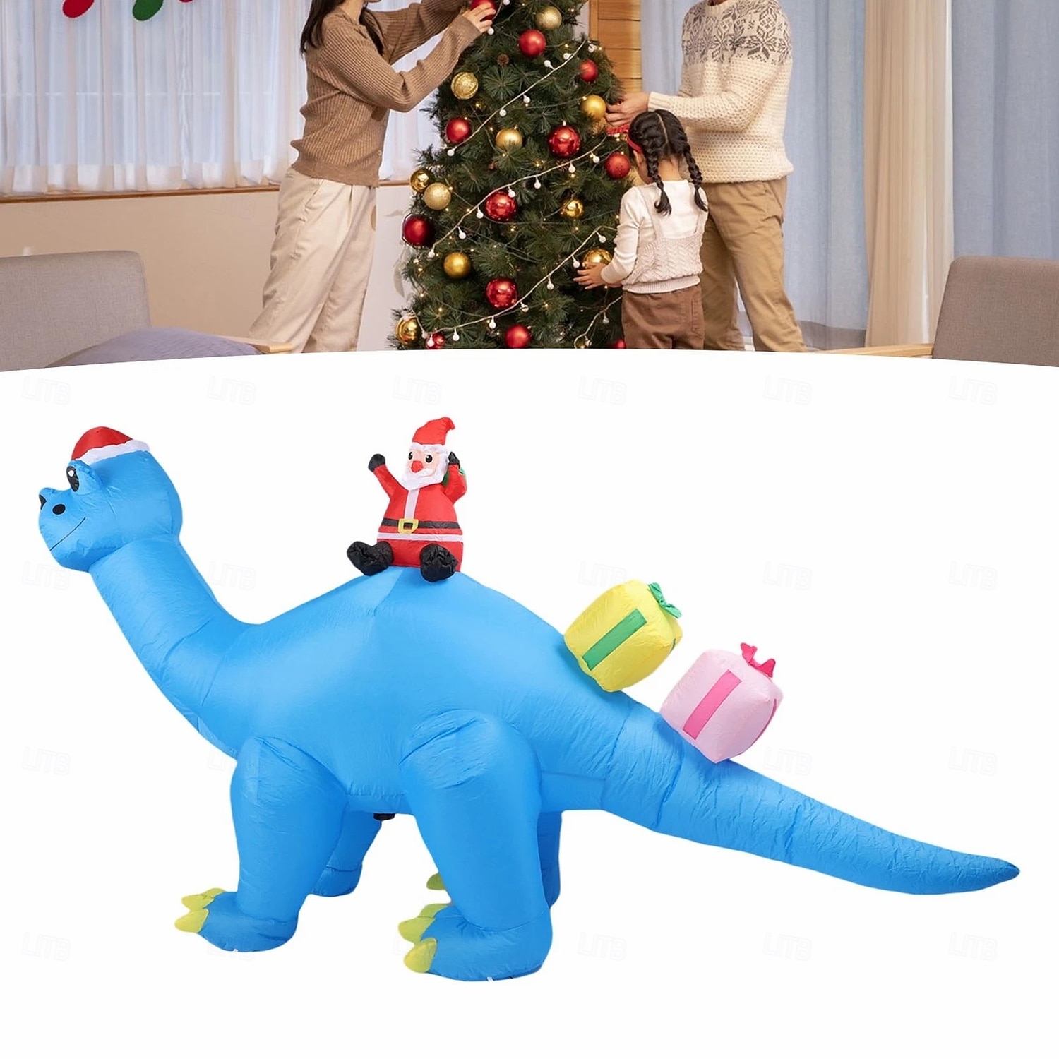 Papá Noel navideño con sombrero azul de Navidad, dinosaurio LED con luz, modelo inflable impermeable para interiores y exteriores, patio, césped, fiesta, ambiente festivo, decoración, luz de apoyo 2025 - $51.99 –P7