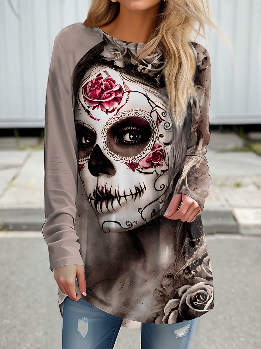 Camiseta de Halloween para mujer calaveras gráfica vintage estilosa casual de manga larga cuello redondo tops largos impresión diaria negro gris primavera otoño 2026 - $26.99 –P3
