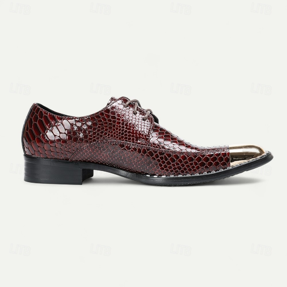 Sapatos sociais masculinos de couro legítimo bordô com estampa de cobra e cadarço e biqueira de metal – sapatos da moda para banquetes e coquetéis de 2026 por $129.99 –P7