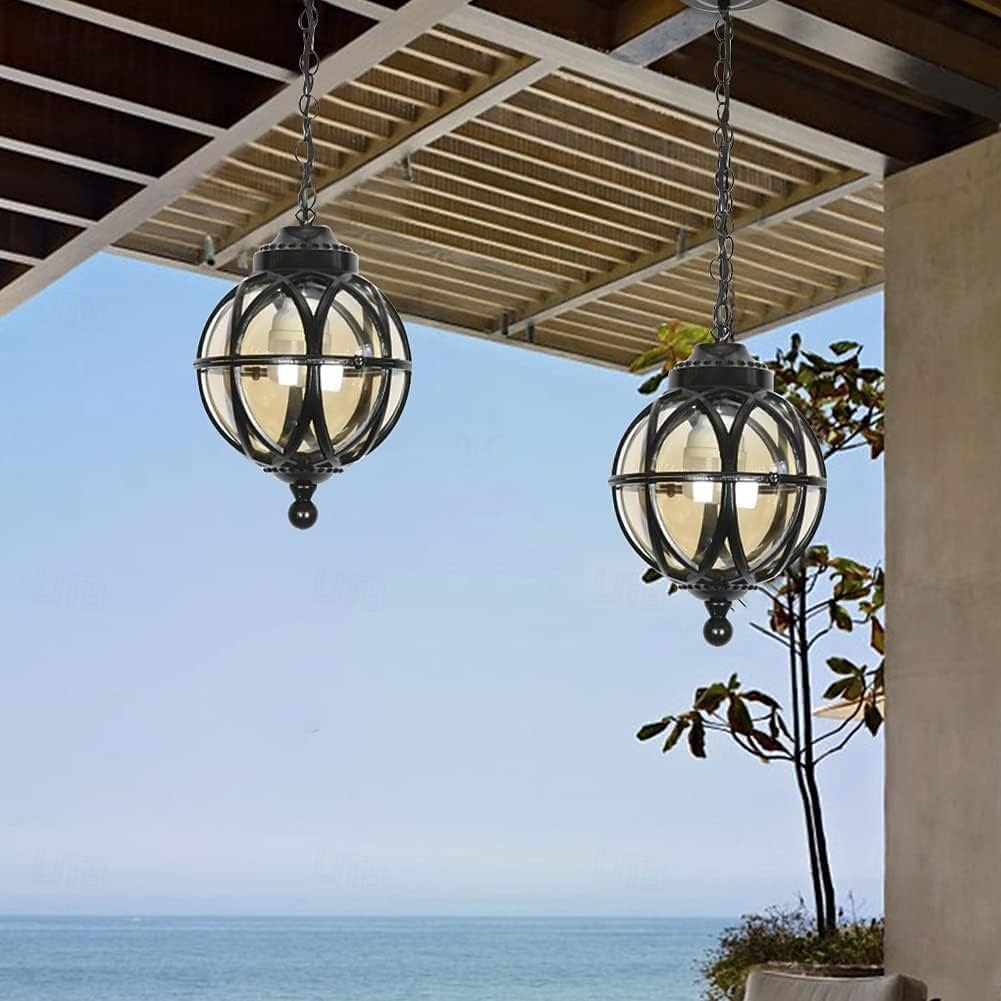 lampade a sospensione per esterni, lampada a sospensione esterna portico impermeabile lampadario in metallo nero con globo di vetro trasparente con struttura in gabbia di ferro, lanterna esterna per del 2025 a $118.99 –P11