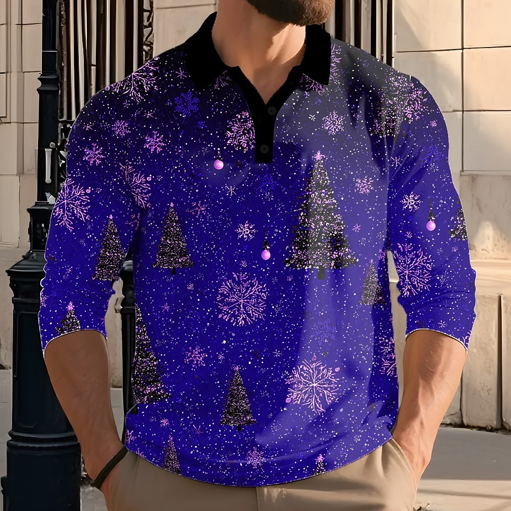 Jul Herr Lyktor Polo Långärmad Polotröjor Kavajslag Ledigt Utomhus Gata Fritids- Festival outfit 3D-utskrift Knappar Vår Höst Vinter Rubinrött Purpur Grön 2025 - $22.99 –P3