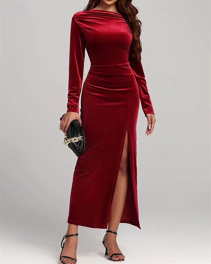 Damen Midikleid Samtkleid Cocktailkleid Elegant Mode Modern Outdoor Party Party-Abendmode Normale Passform Einfach Langarm Schulterfrei Rote Frühling Herbst 2025 - $29.99 –P2