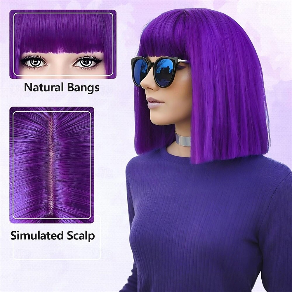 Purple Bob Wig With Bangs Short Straight Dark Purple Bob Wigs for Women Shoulder Length Heat Resistant Synthetic Flat Bang Wigs for Daily Party Cosplay Halloween or Fun 2026 - BHD 6.49 –P6