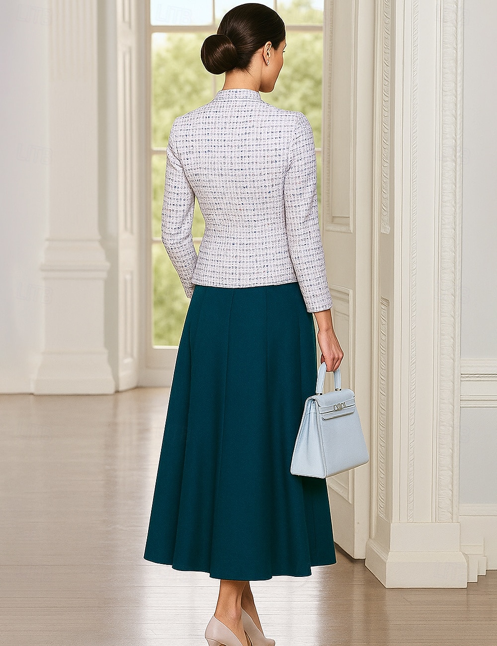 Todelt Dress dress Te-lengde Ermeløs Crew-hals Elegant Skreddersydd Formell Ull Kjole til brudens mor Korte jakke skjørt med Blomst 2025 - $199.99 –P2