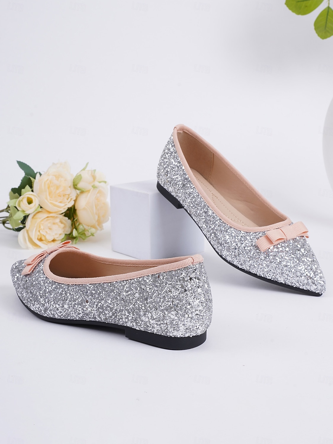 ballerine da donna con punta a punta, glitter argento e fiocco - eleganti scarpe da cocktail per feste e occasioni formali del 2025 a $34.99 –P5