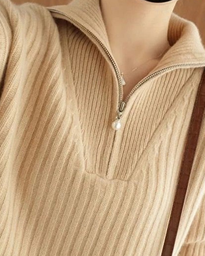Damen Pullover Mode Basic Lässig Einfarbig Gerippt Halber Reißverschluss Reißverschluss Gestrickt Langarm Normale Oberteile Stricken Outdoor Täglich Wochenende Khaki Herbst Winter 2025 - $31.99 –P2