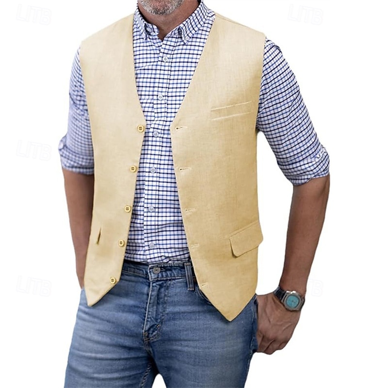 Per uomo Gilet Vacanza Feste Affari Moda Casual Primavera Autunno Tasca Bottoni 75% cotone Confortevole Semplice Monopetto Un Bottone Scollo a V Vestibilità regolare Argento Nero Bianco Champagne del 2025 a $39.99 –P7