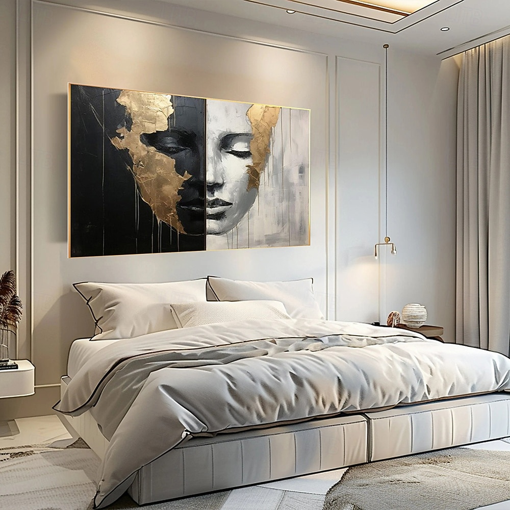 Peintures abstraites de visages de filles peintes à la main sur toile, peinture noire et blanche, œuvres d'art figuratives dorées, peinture murale minimaliste pour la décoration intérieure, cadre de 2025 ? $131.99 –P1