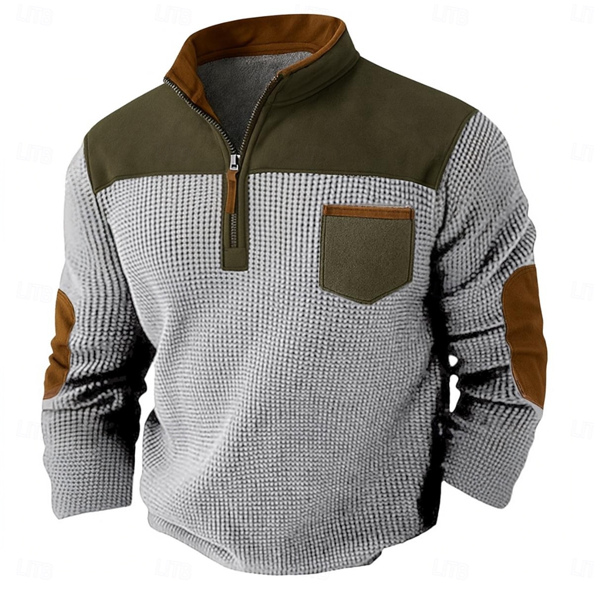 2025年 男性用 ワッフルTシャツ 長袖 ハーフジッパー バンドカラー 秋 春 & 秋 純色 テクスチャード加工 ファッション ベーシック カジュアル カラーブロック ストリート カジュアル スポーツ ブラック イエロー ネイビーブルー メンズトップTシャツ  コレクション – $23.99 –P1