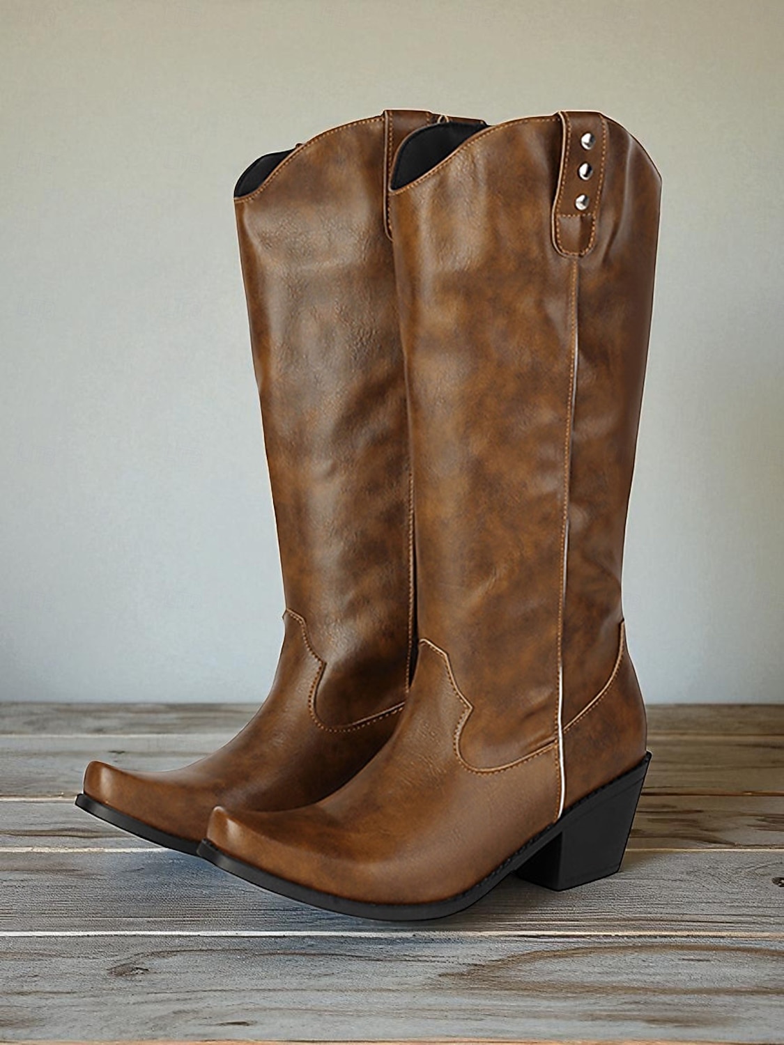 Dámské hnědé kovbojské boty po kolena – klasické westernové jezdecké boty s nízkým podpatkem pro country styl a festivaly 2025 - $59.99 –P2