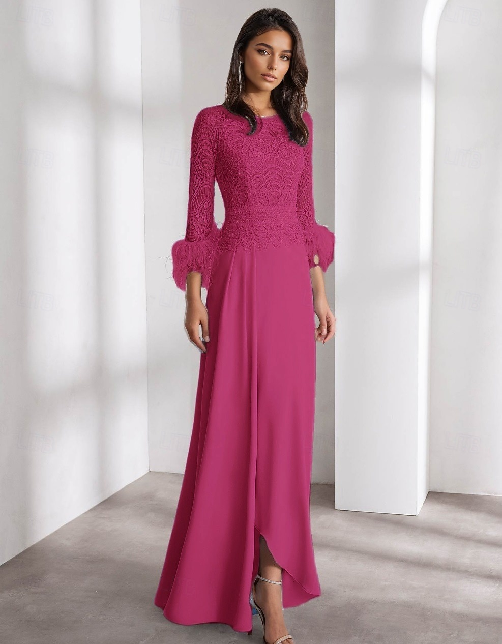 Robe de soirée A-line élégante robe formelle mariage longueur sol manches longues col ras du cou en chiffon avec volants en plumes de 2025 ? $159.99 –P8