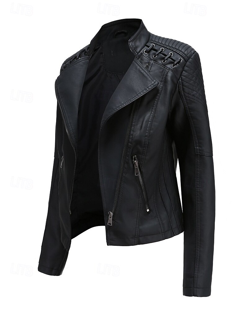 Per donna Giacca in Ecopelle Confortevole Cerniera Tasca Casual Semplice Vacanza Abbigliamento quotidiano Uscire Weekend Regolare Collo ripiegato Vestibilità regolare Manica Lunga Capispalla Nero del 2025 a $53.99 –P11